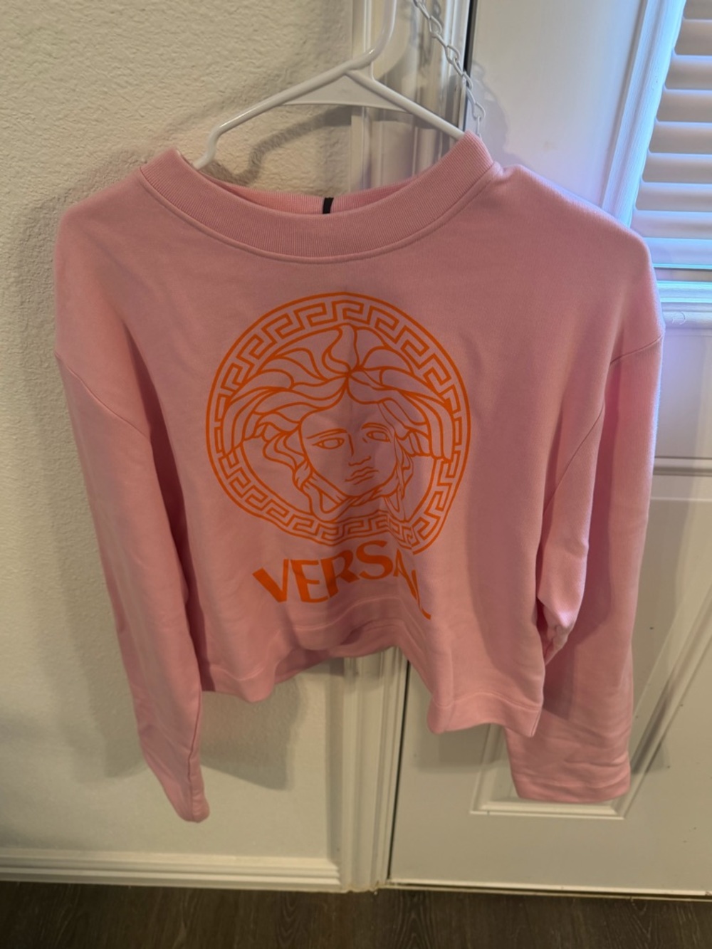 Versace Pink Cropped Medusa Logo Sweatshirt with Orange Print